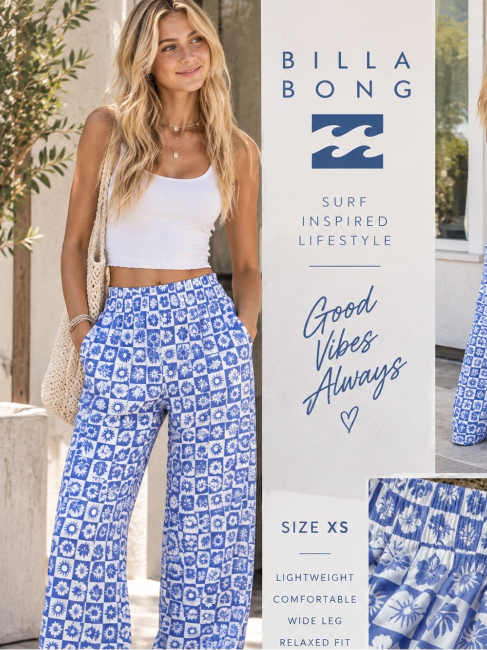 Billabong Blue Printed Wide Leg Pants